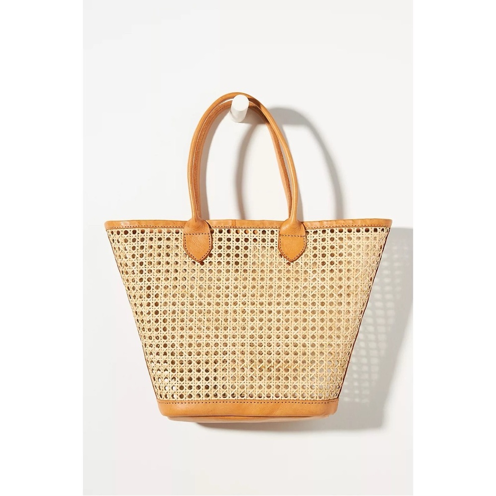 Woven Straw Tote with Tan Trim
